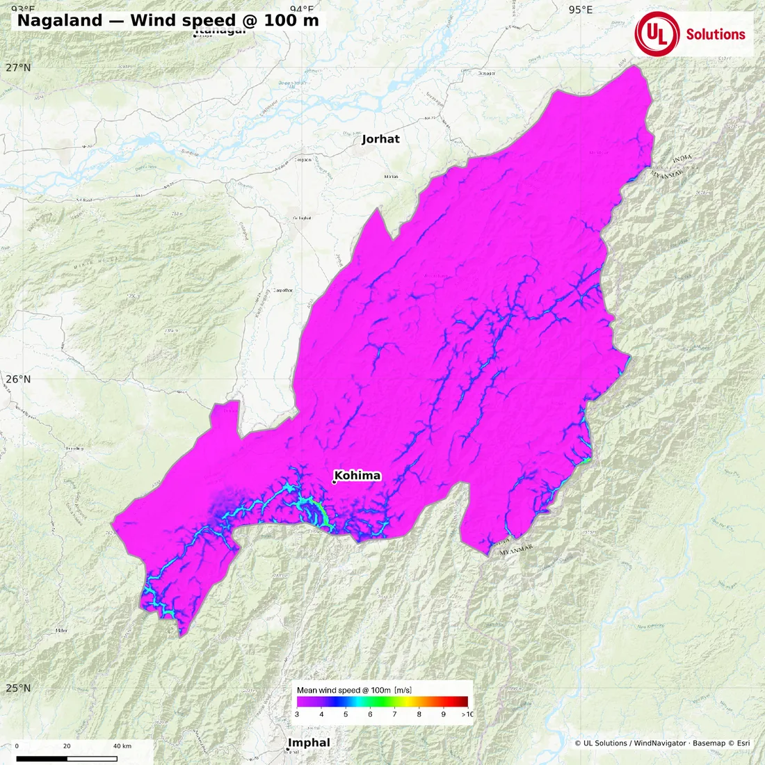 Wind speed map of Nagaland at 100m hub height