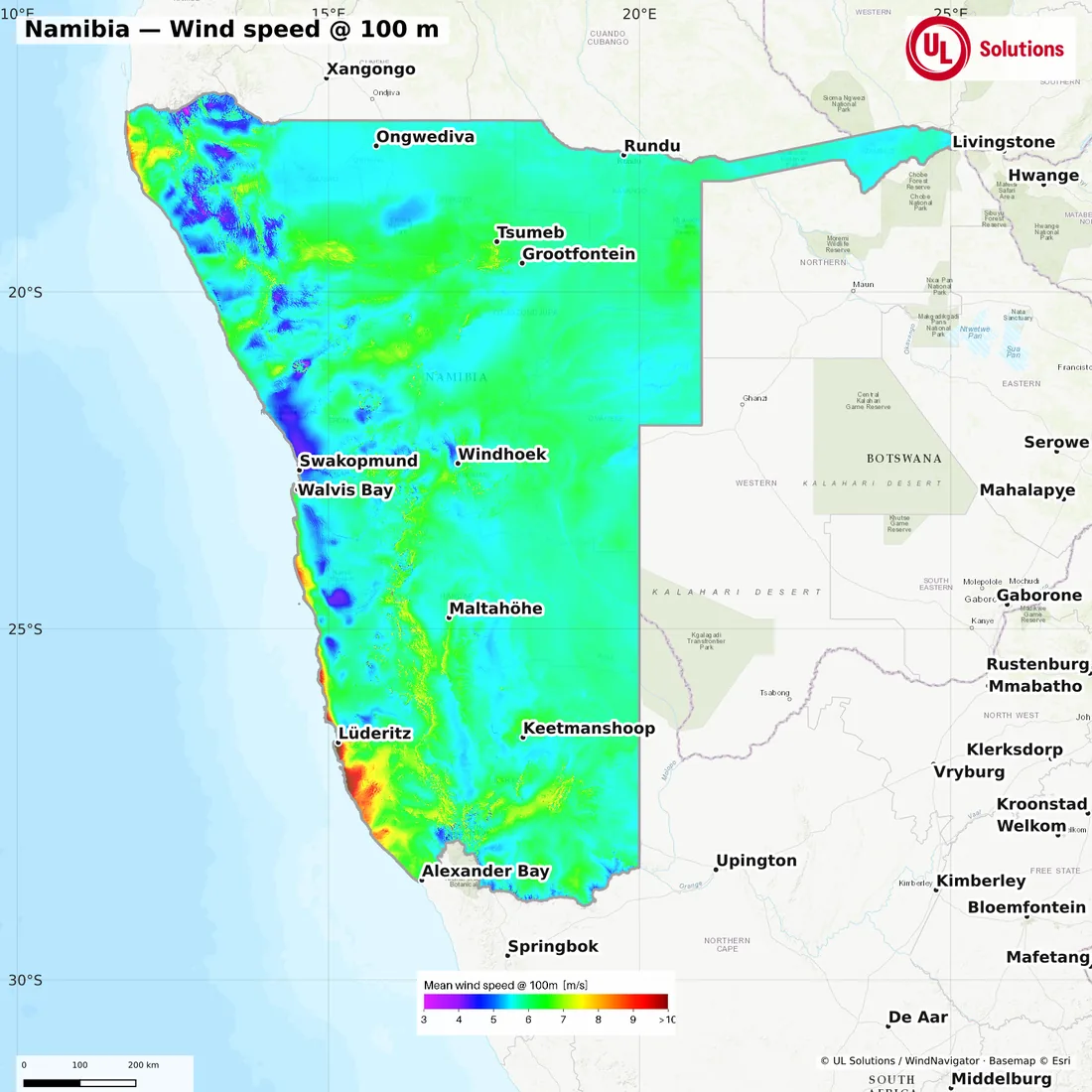 Wind speed map of Namibia at 100m hub height