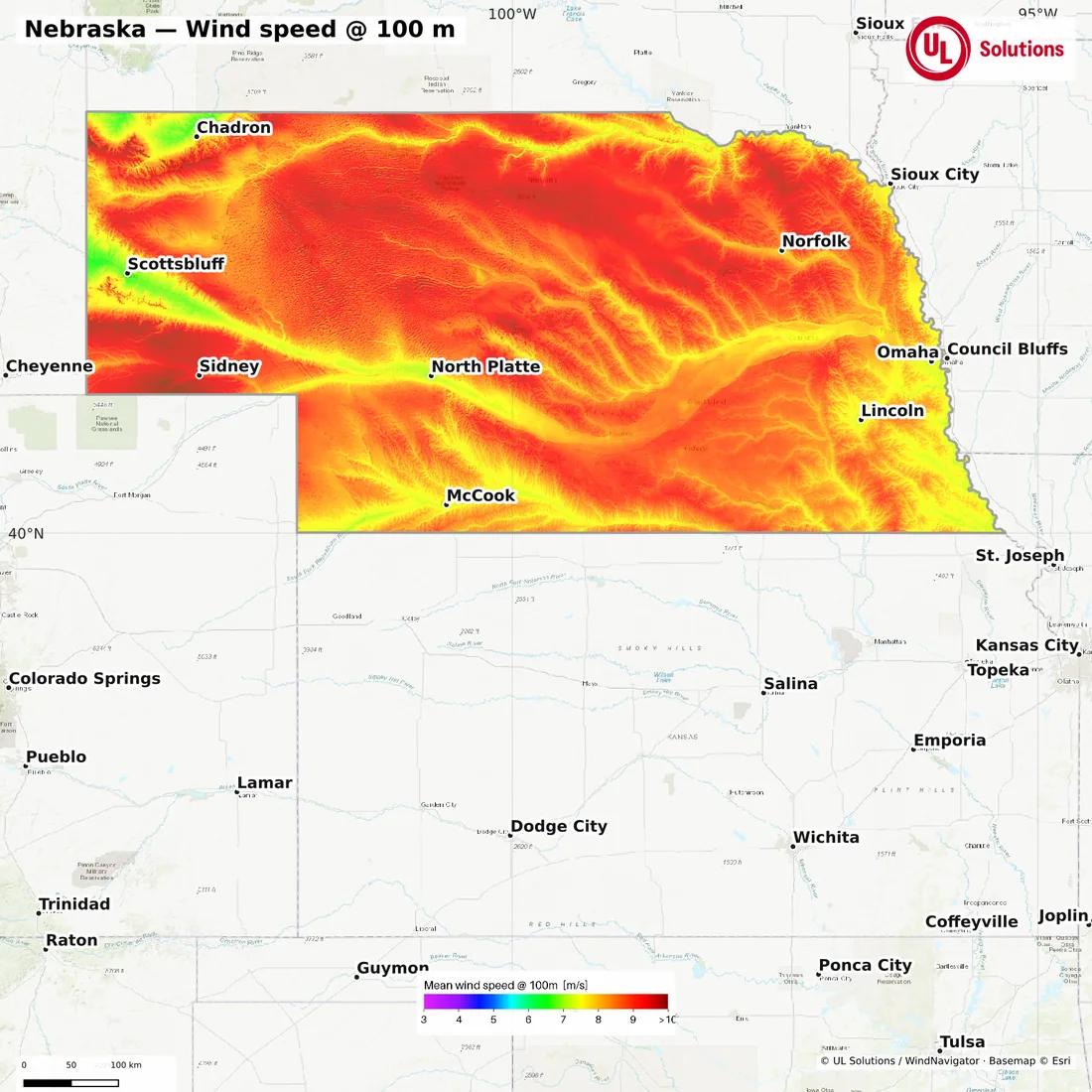 Wind speed map of Nebraska at 100m hub height