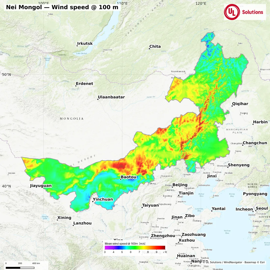 Wind speed map of Nei Mongol at 100m hub height