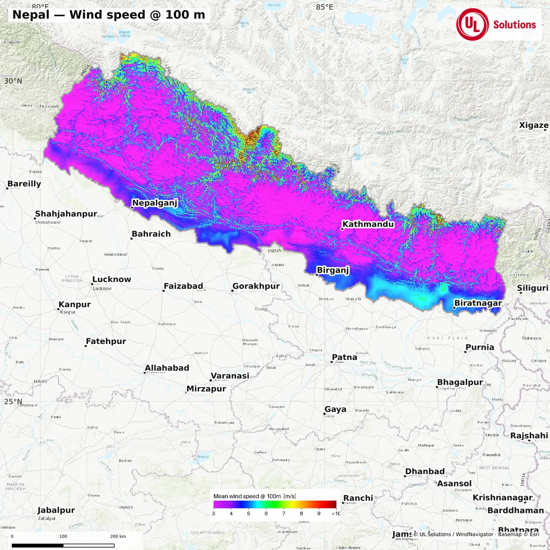 Wind speed map of Nepal at 100m hub height