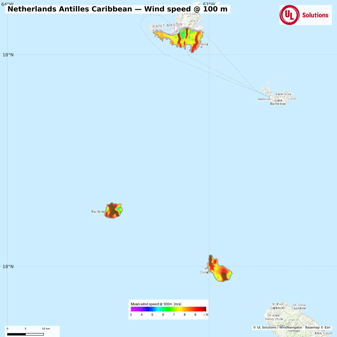 Wind speed map of Netherlands Antilles Caribbean at 100m hub height