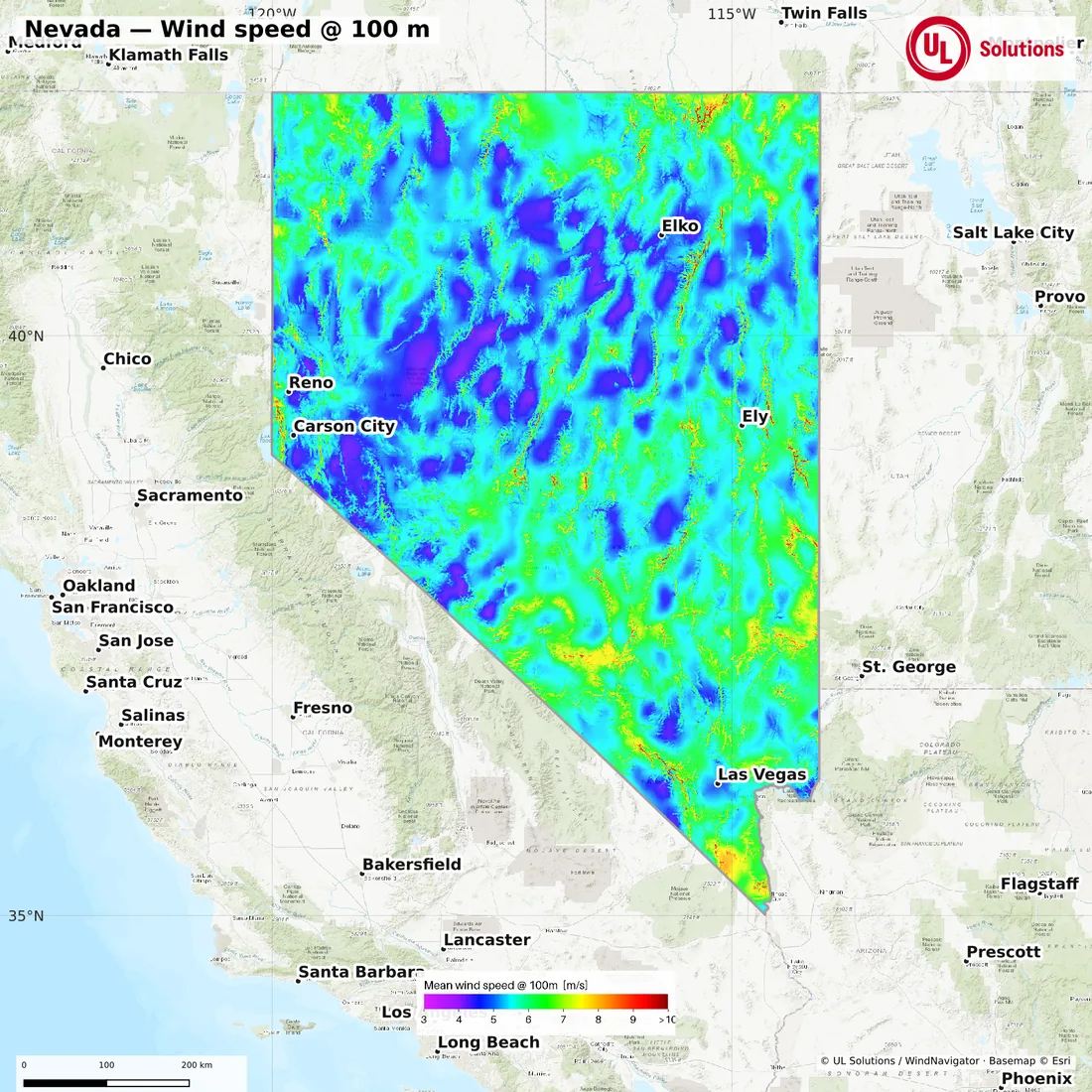 Wind speed map of Nevada at 100m hub height
