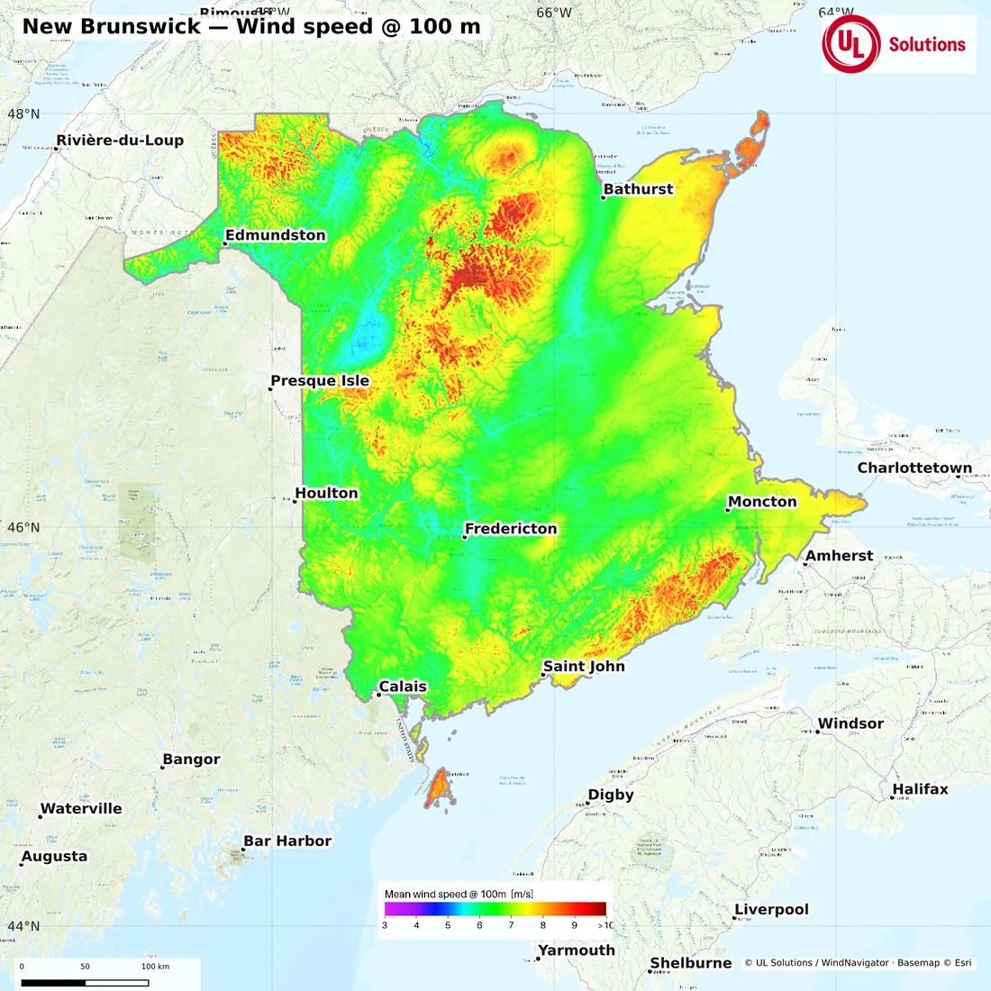 Wind speed map of New Brunswick at 100m hub height