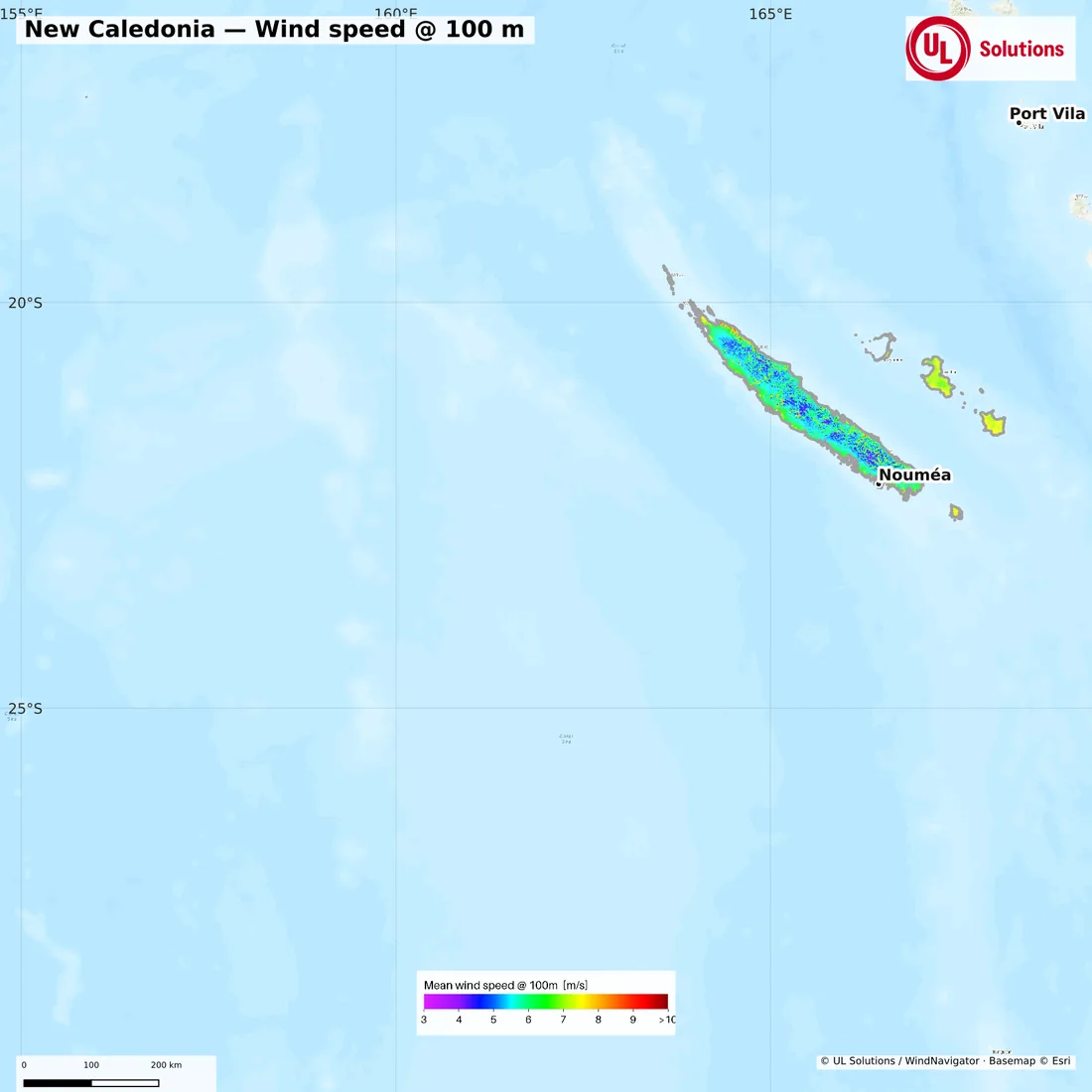 Wind speed map of New Caledonia at 100m hub height