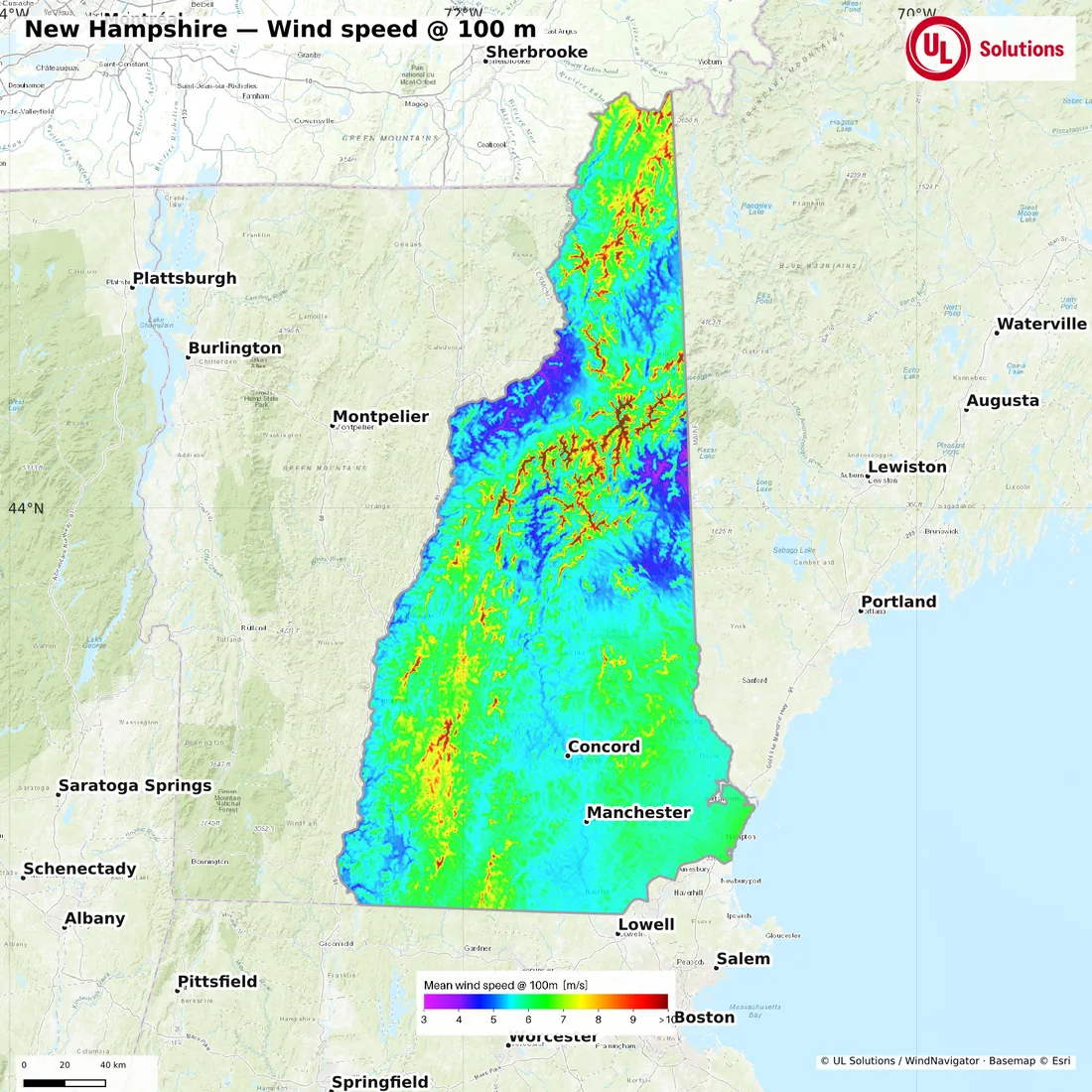 Wind speed map of New Hampshire at 100m hub height