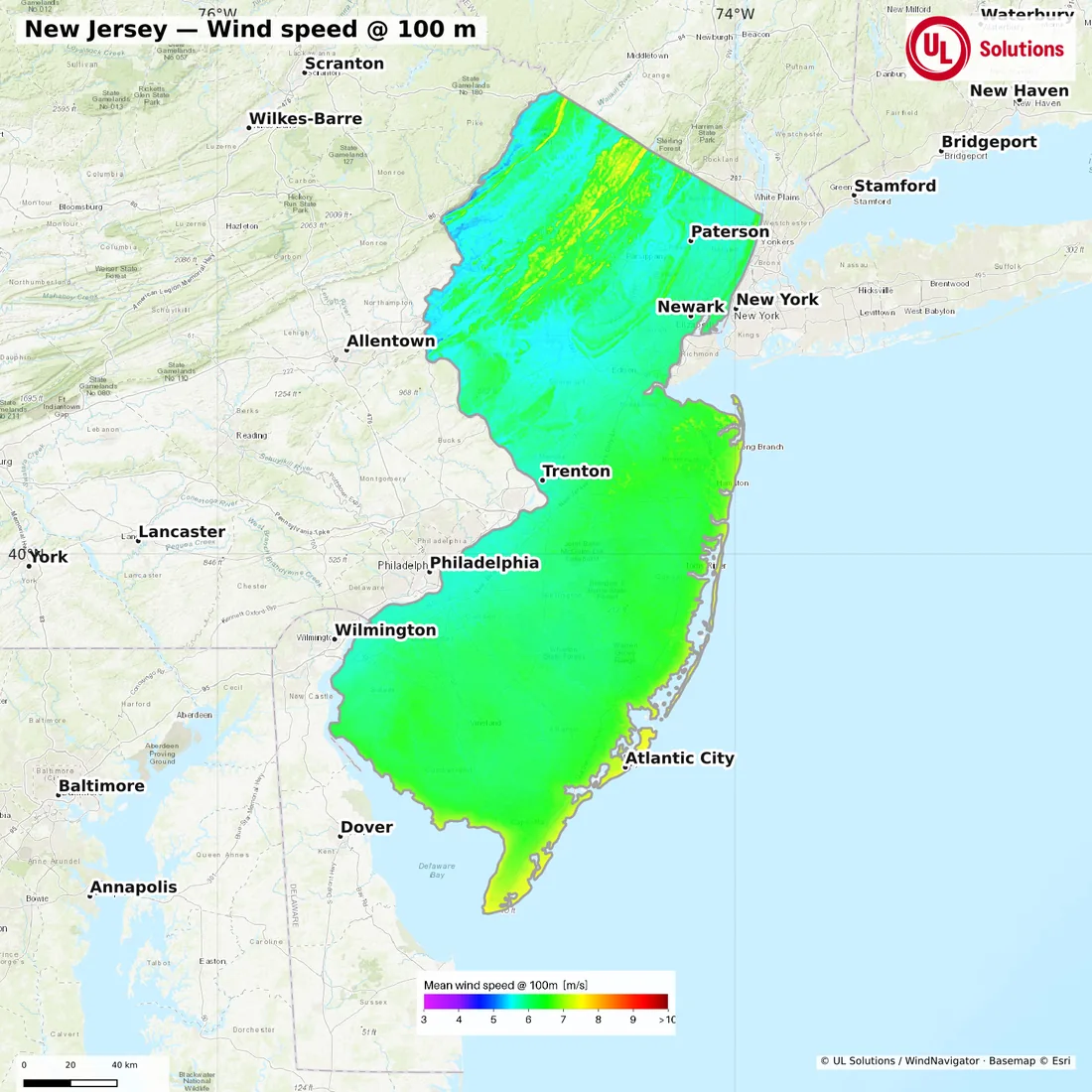 Wind speed map of New Jersey at 100m hub height