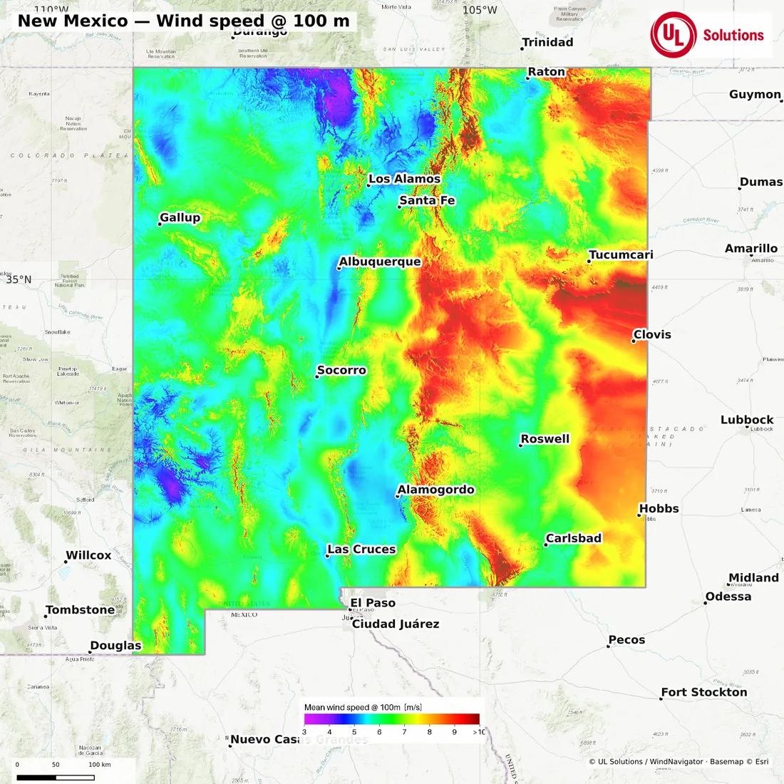 Wind speed map of New Mexico at 100m hub height