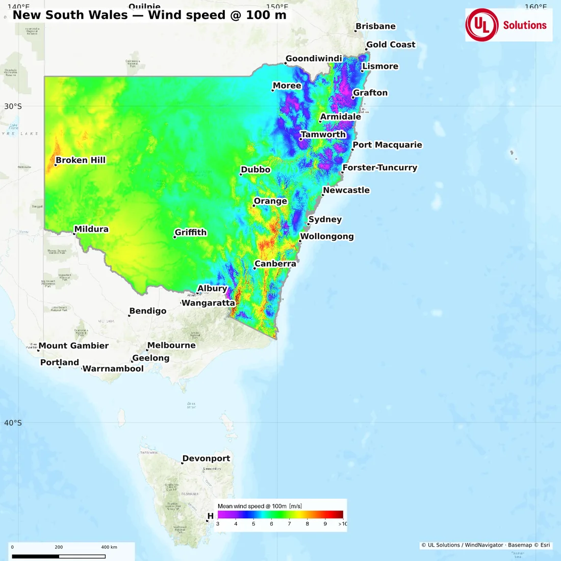 Wind speed map of New South Wales at 100m hub height