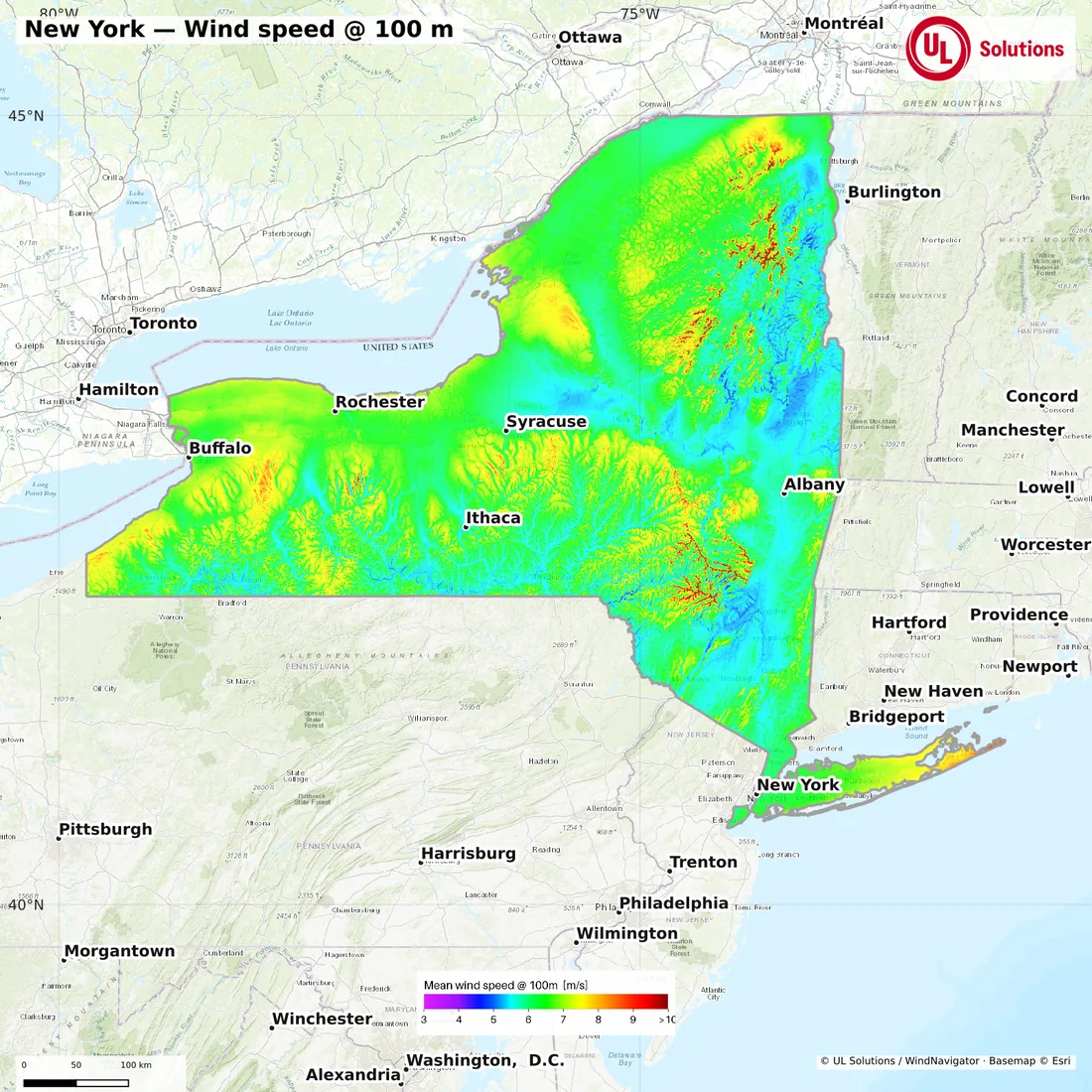 Wind speed map of New York at 100m hub height