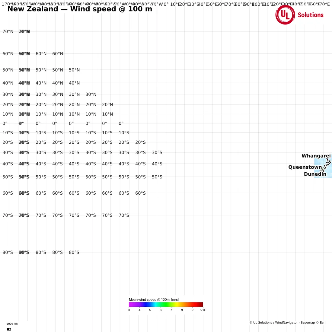 Wind speed map of New Zealand at 100m hub height