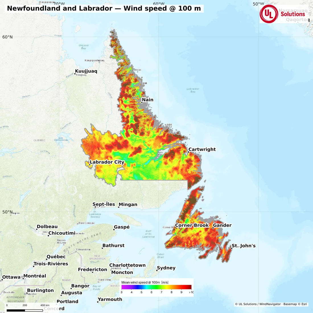 Wind speed map of Newfoundland and Labrador at 100m hub height