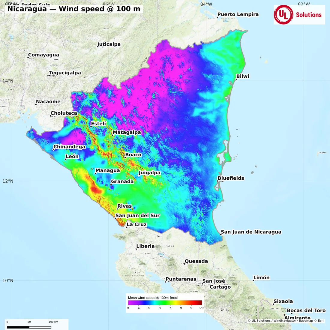 Wind speed map of Nicaragua at 100m hub height