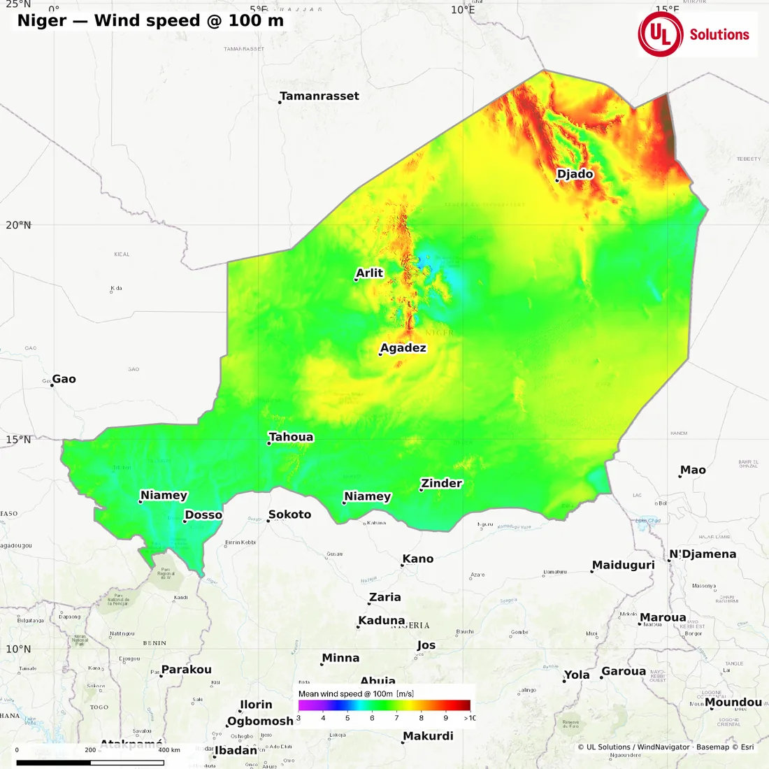 Wind speed map of Niger at 100m hub height