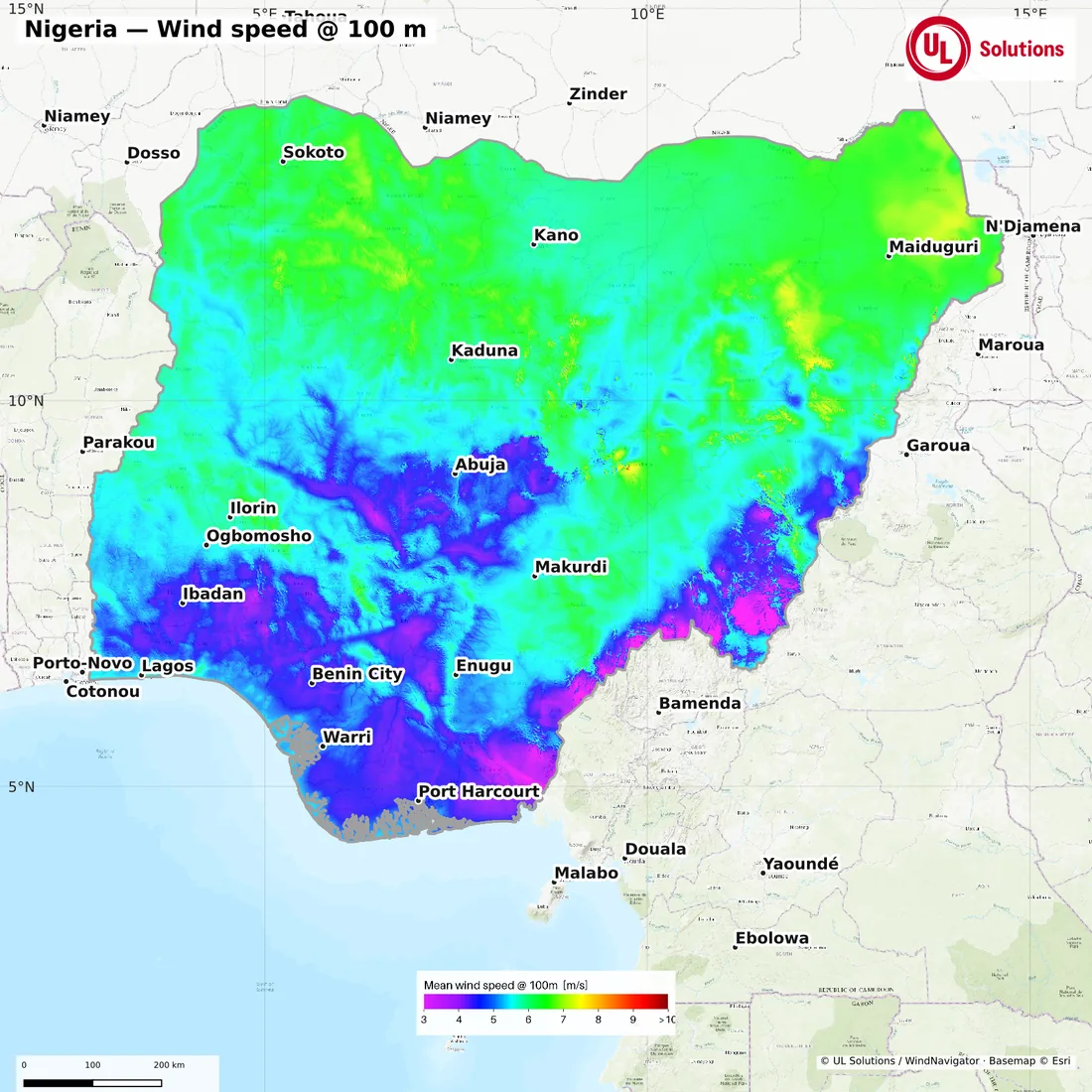 Wind speed map of Nigeria at 100m hub height