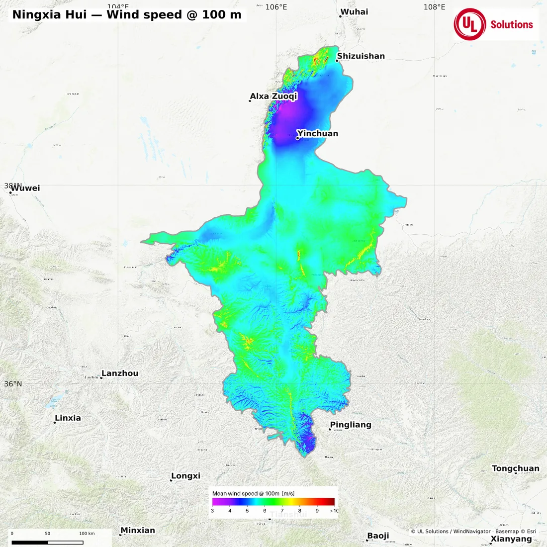 Wind speed map of Ningxia Hui at 100m hub height