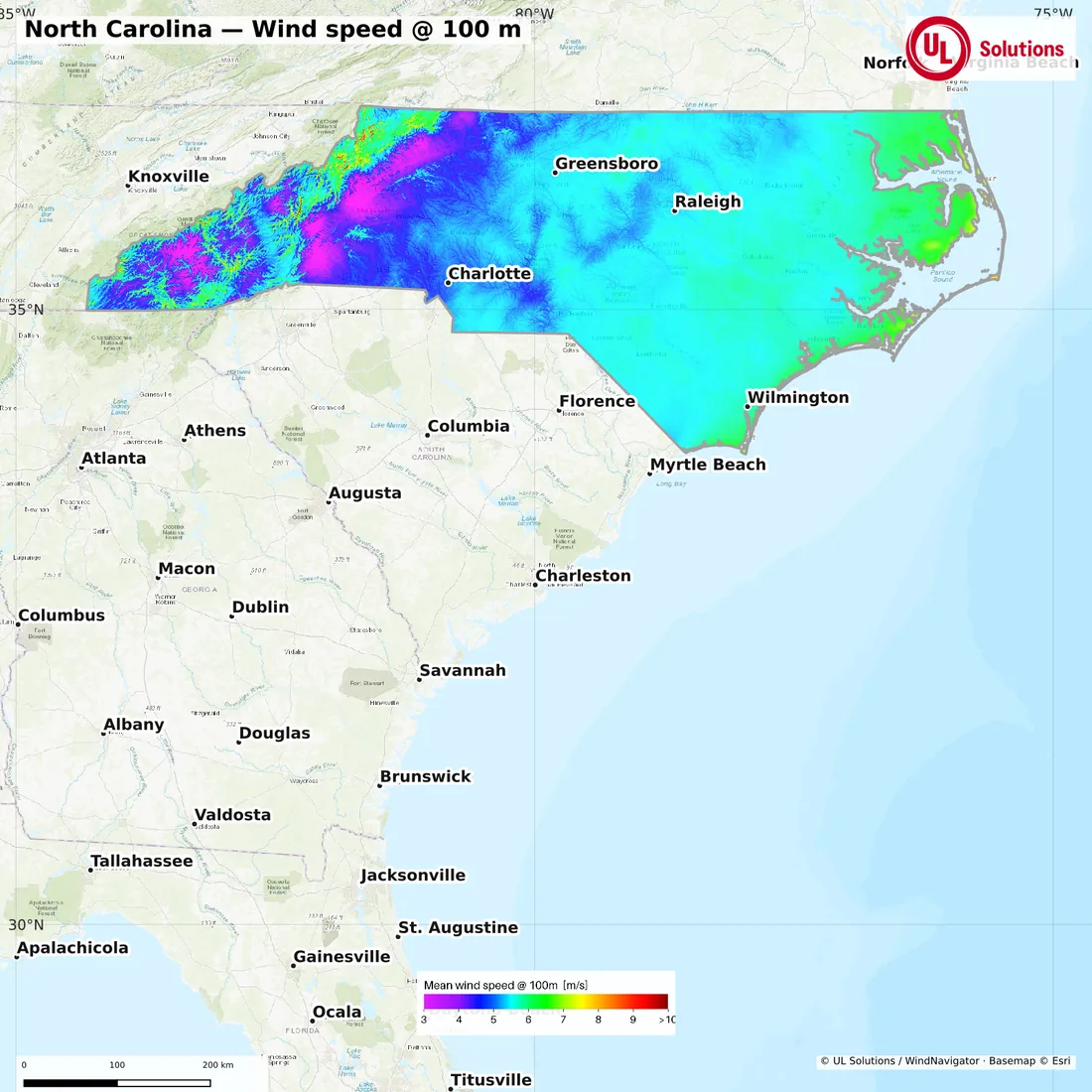 Wind speed map of North Carolina at 100m hub height