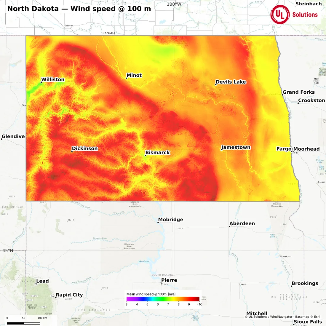Wind speed map of North Dakota at 100m hub height