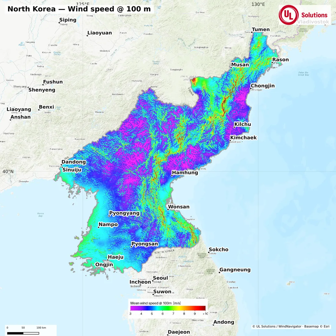 Wind speed map of North Korea at 100m hub height