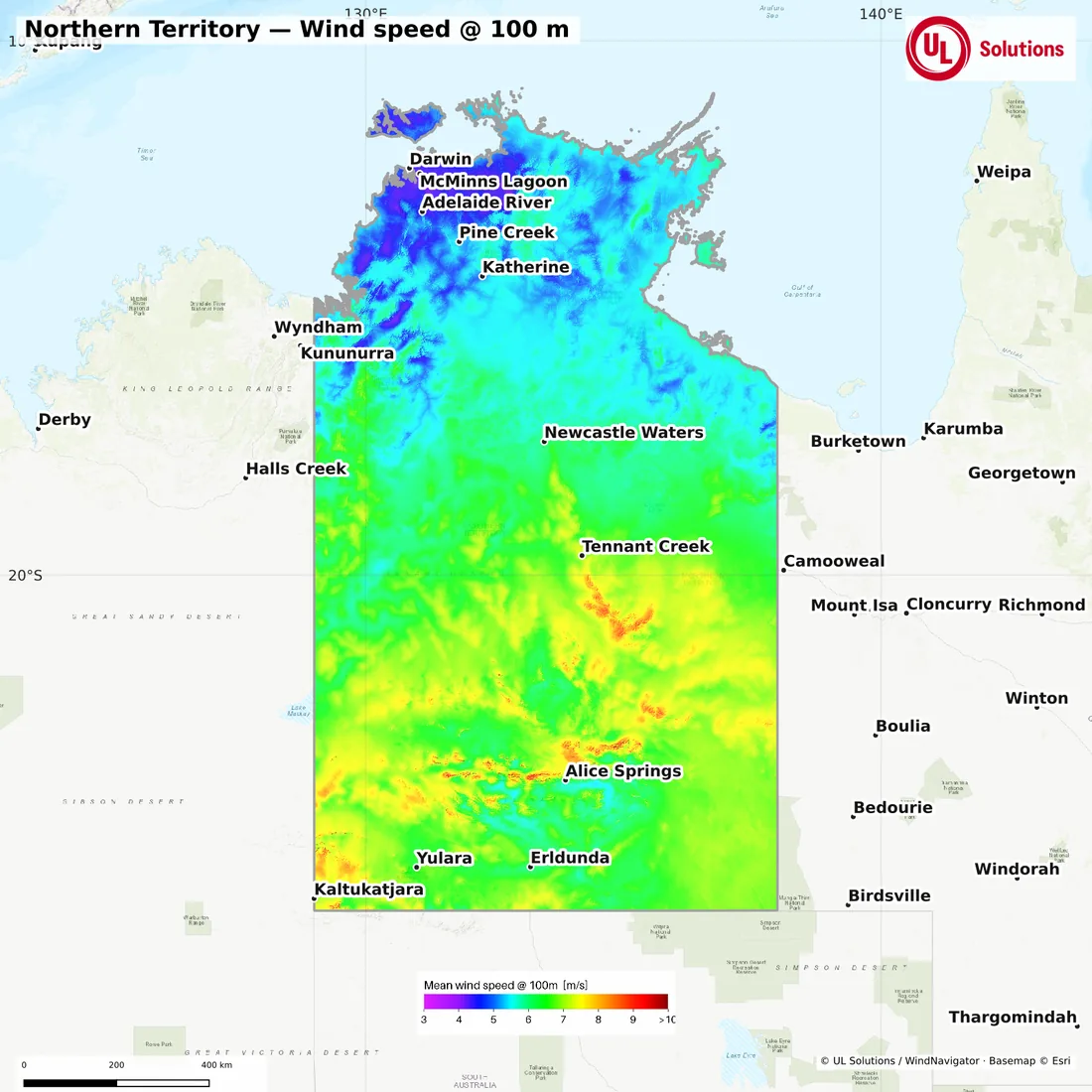 Wind speed map of Northern Territory at 100m hub height