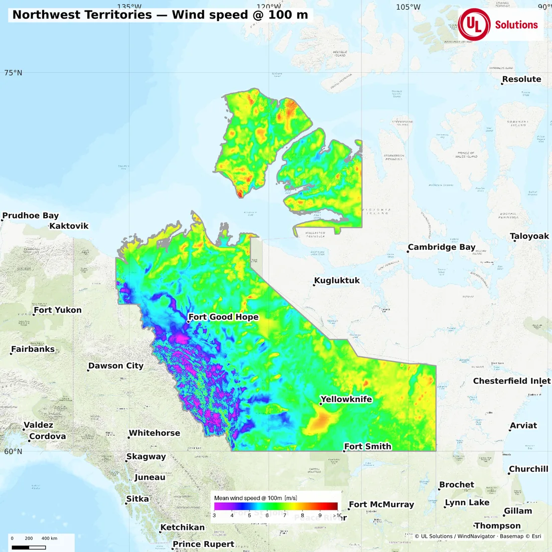 Wind speed map of Northwest Territories at 100m hub height