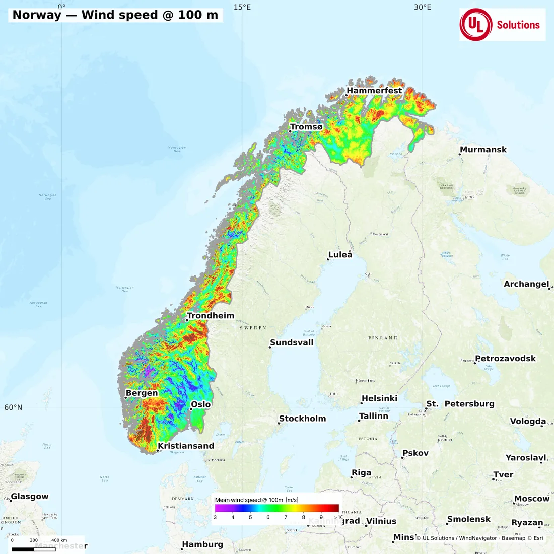 Wind speed map of Norway at 100m hub height