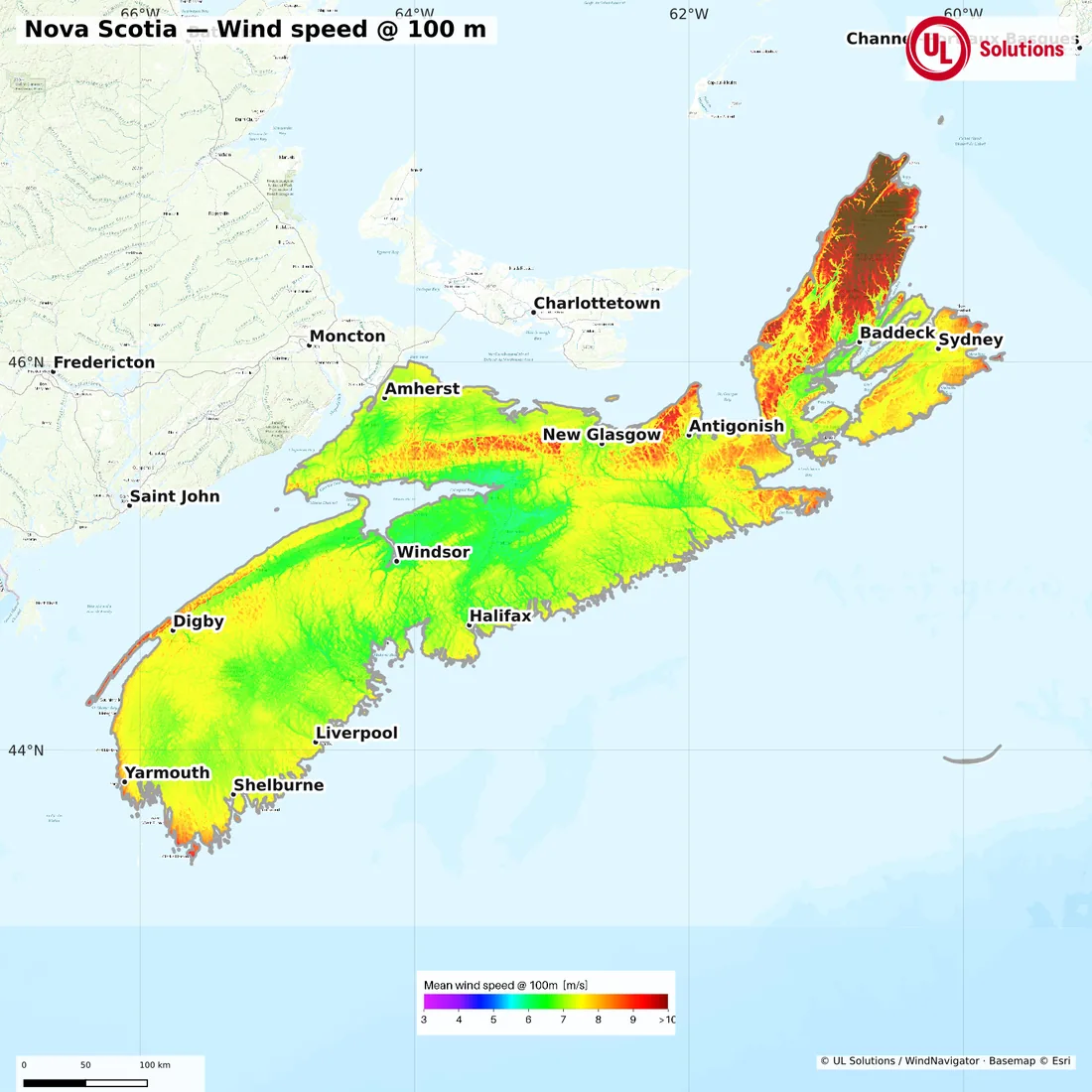 Wind speed map of Nova Scotia at 100m hub height