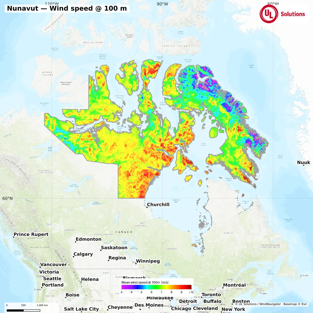 Wind speed map of Nunavut at 100m hub height