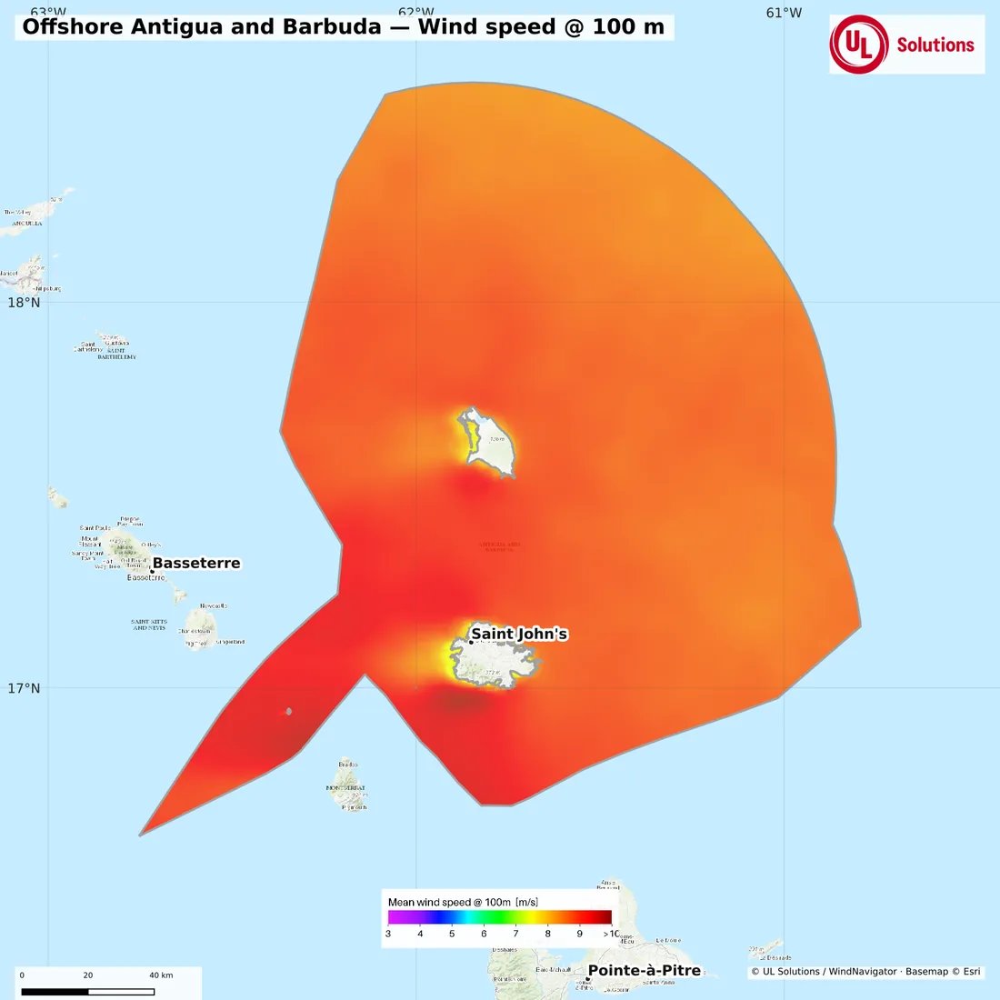 Wind speed map of Offshore Antigua and Barbuda at 100m hub height