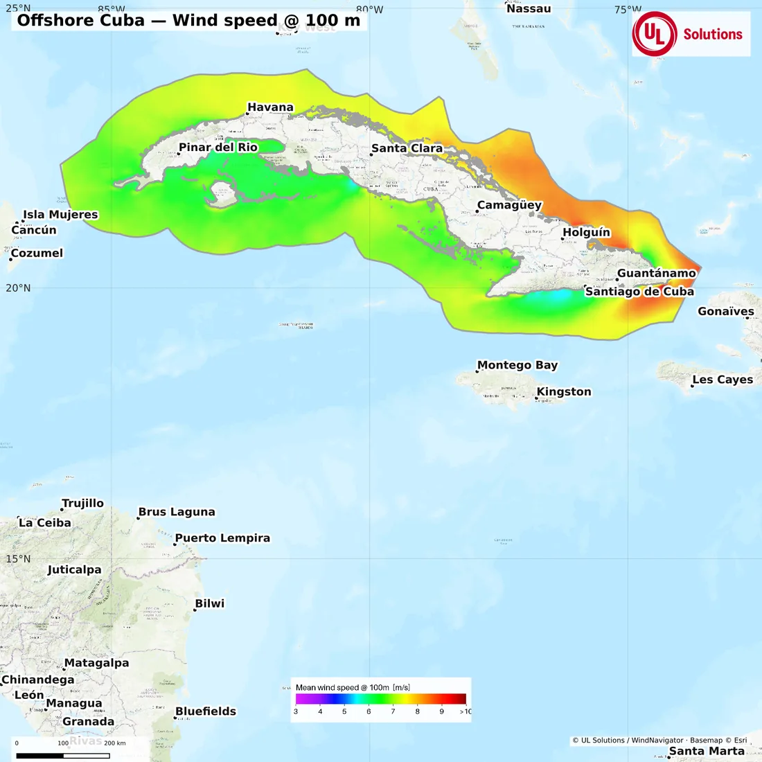 Wind speed map of Offshore Cuba at 100m hub height