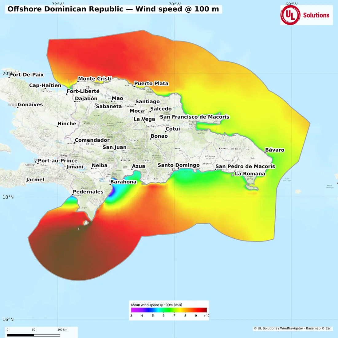 Wind speed map of Offshore Dominican Republic at 100m hub height