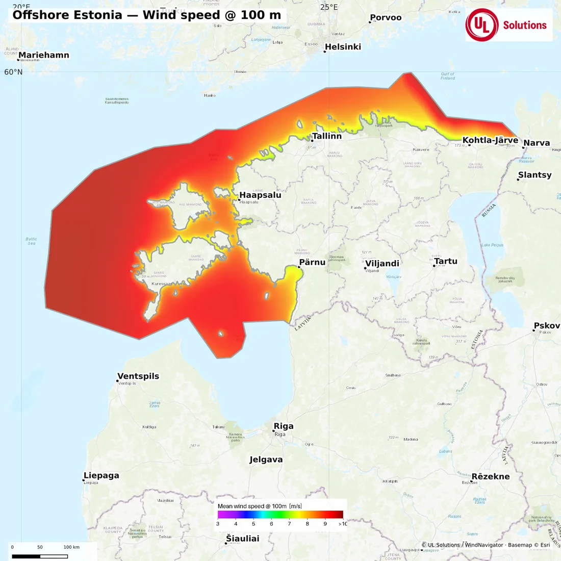 Wind speed map of Offshore Estonia at 100m hub height