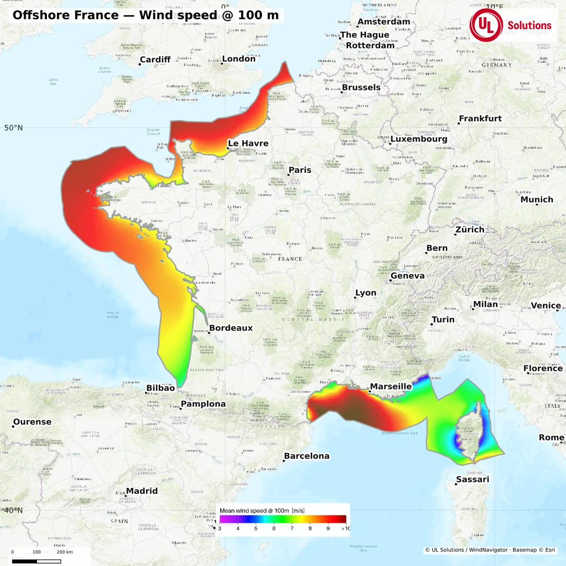 Wind speed map of Offshore France at 100m hub height
