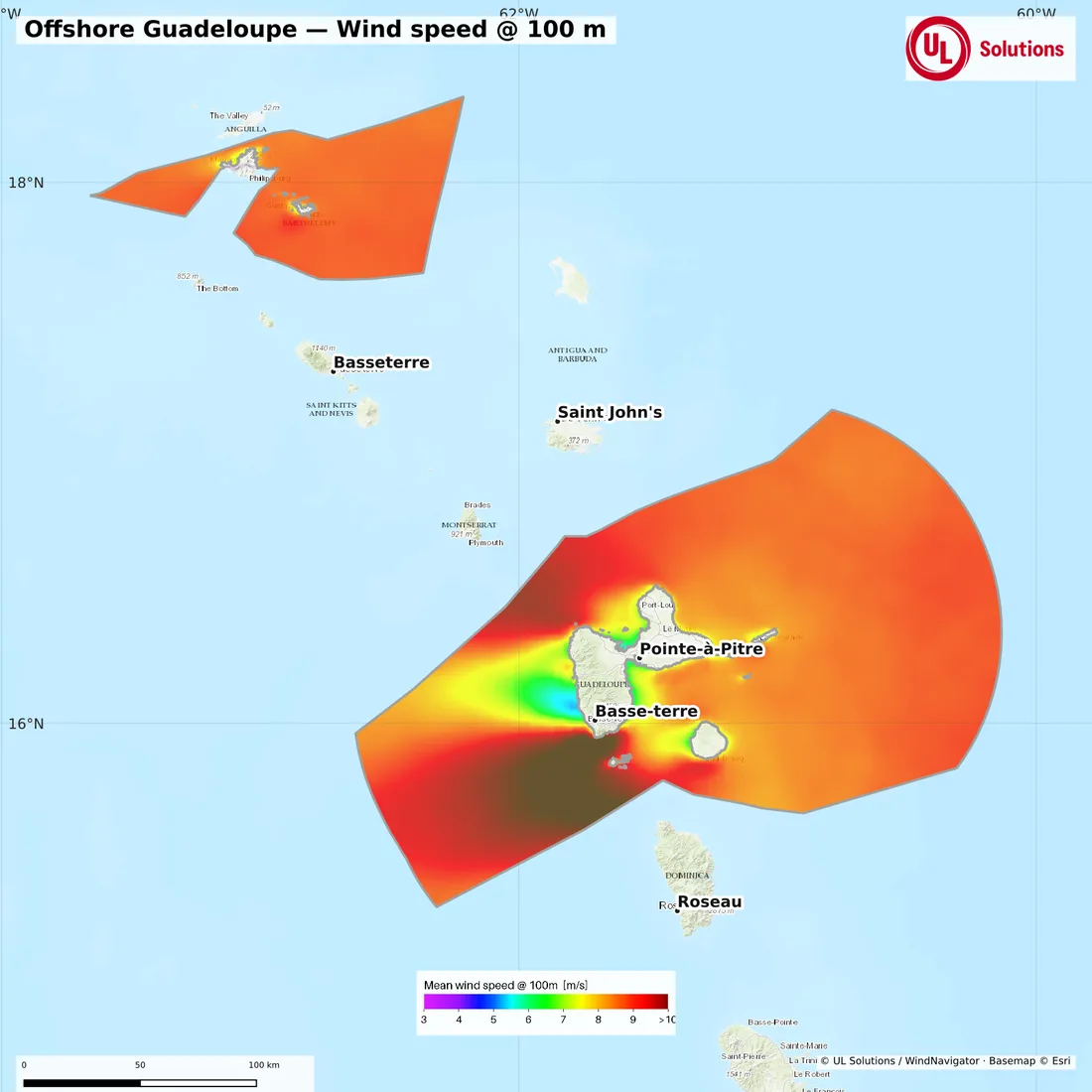 Wind speed map of Offshore Guadeloupe at 100m hub height