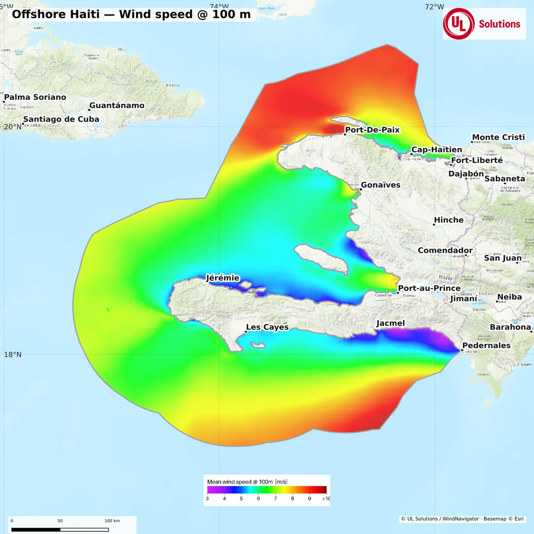 Wind speed map of Offshore Haiti at 100m hub height