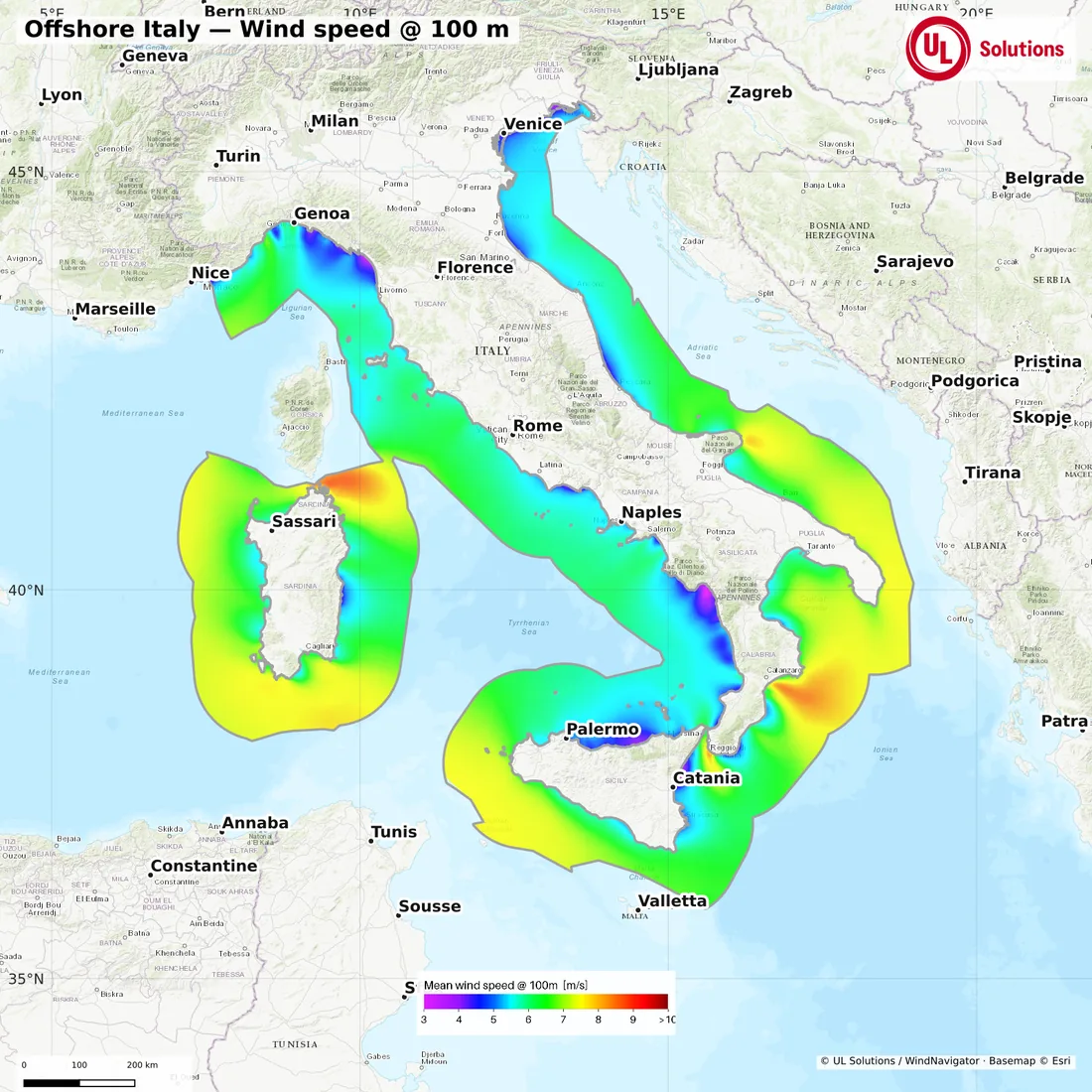 Wind speed map of Offshore Italy at 100m hub height