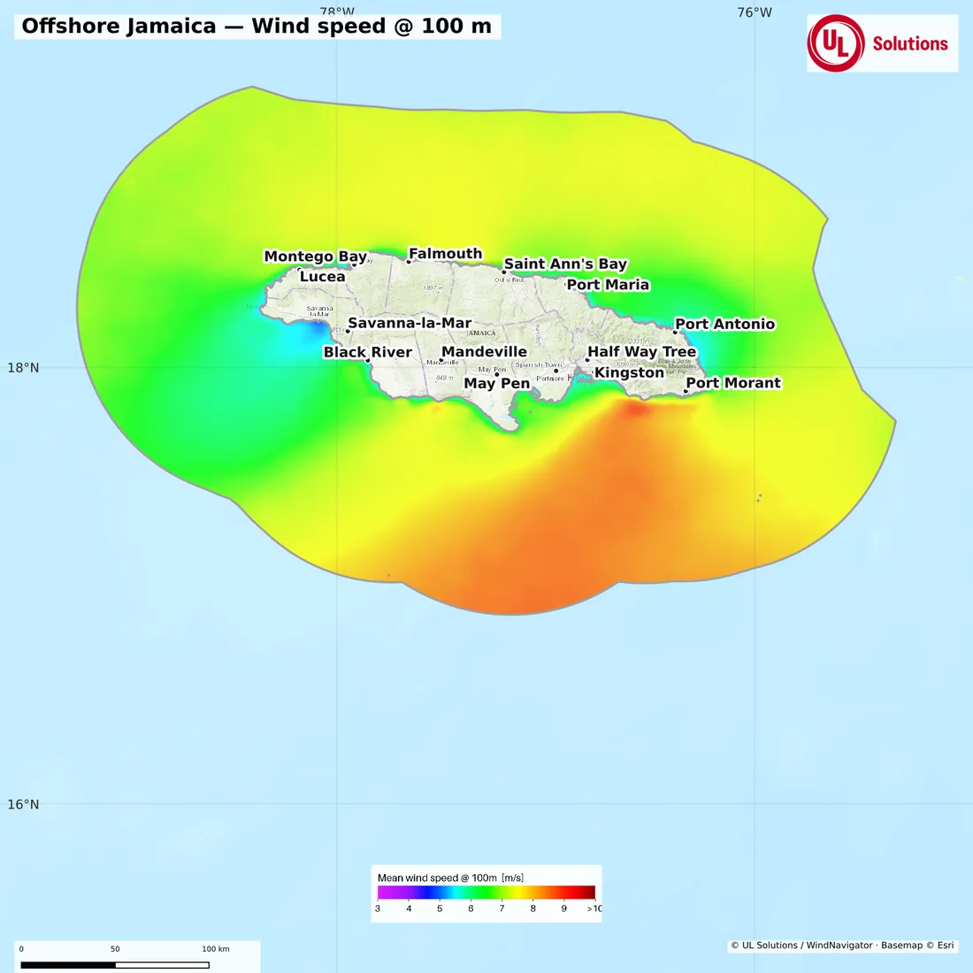 Wind speed map of Offshore Jamaica at 100m hub height
