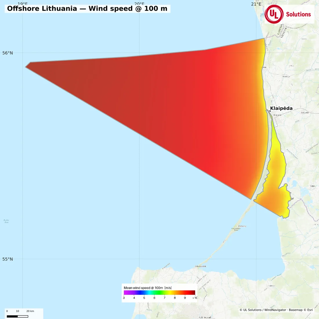 Wind speed map of Offshore Lithuania at 100m hub height
