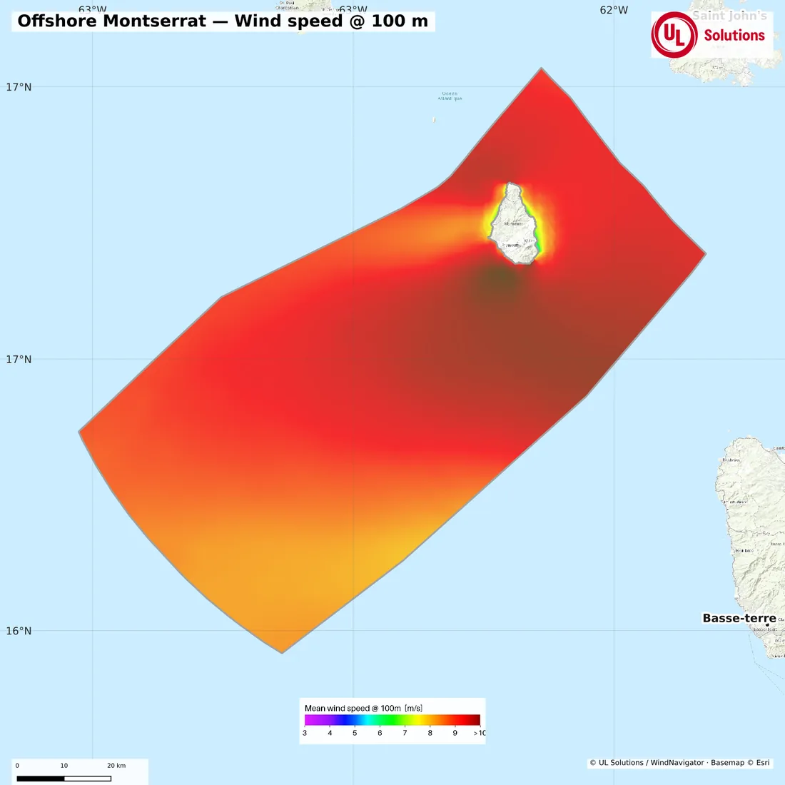 Wind speed map of Offshore Montserrat at 100m hub height