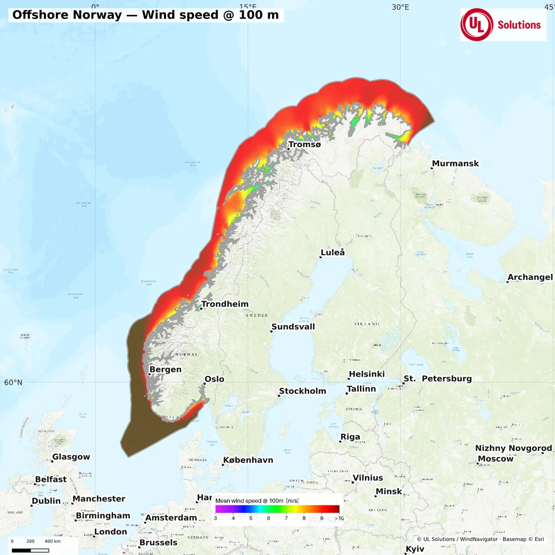 Wind speed map of Offshore Norway at 100m hub height