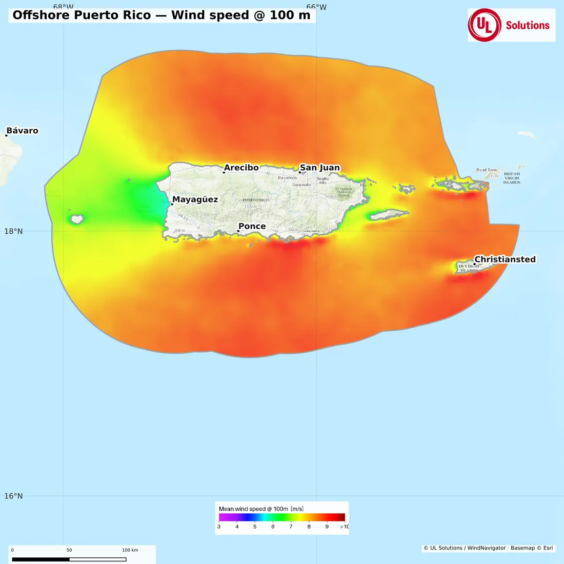 Wind speed map of Offshore Puerto Rico at 100m hub height