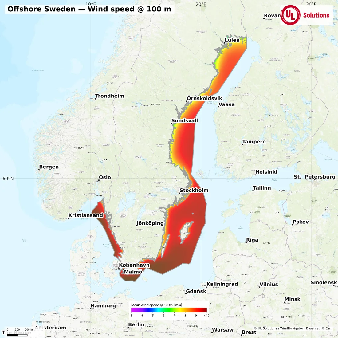 Wind speed map of Offshore Sweden at 100m hub height