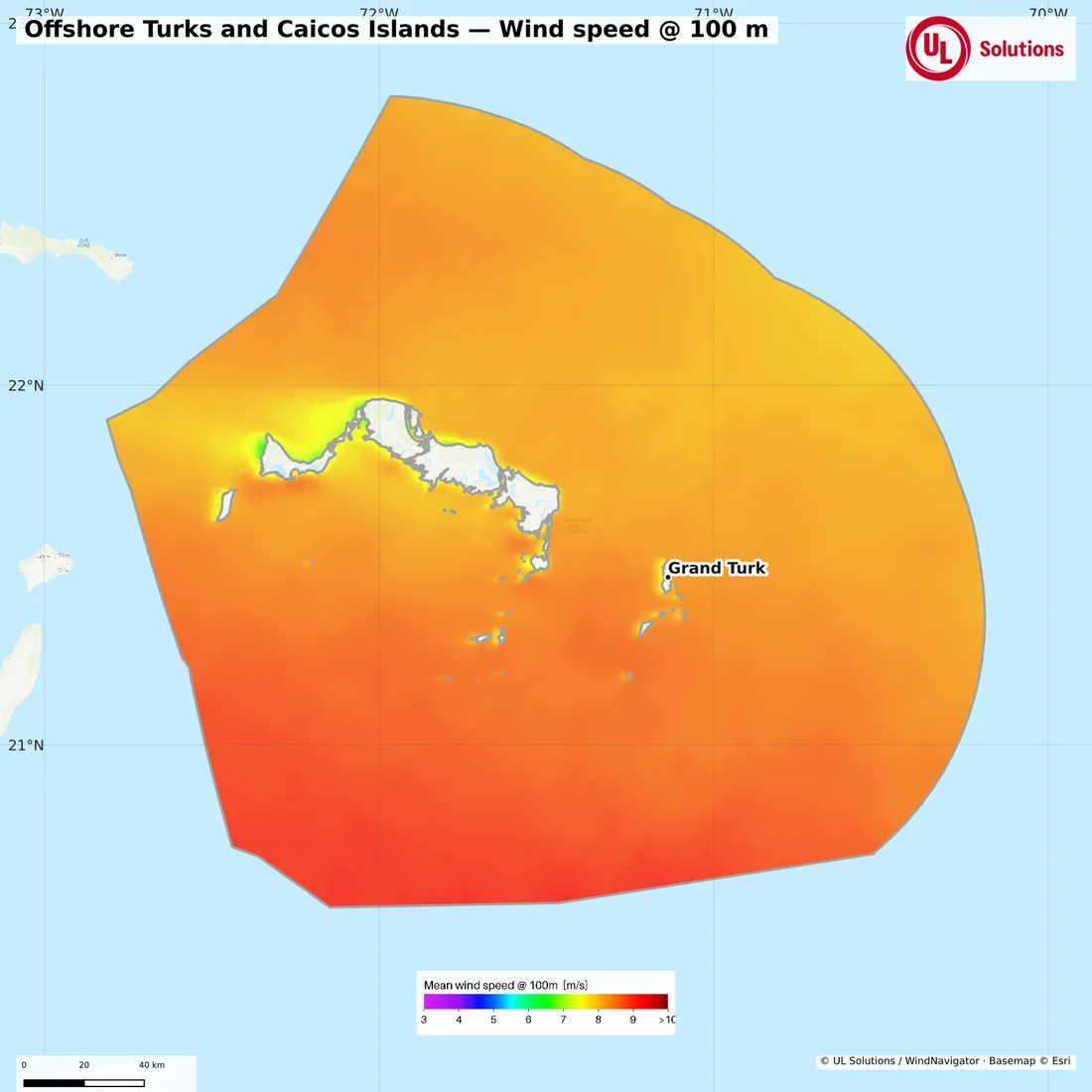 Wind speed map of Offshore Turks and Caicos Islands at 100m hub height
