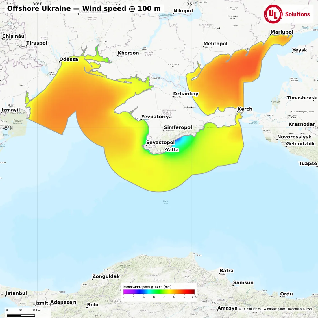 Wind speed map of Offshore Ukraine at 100m hub height