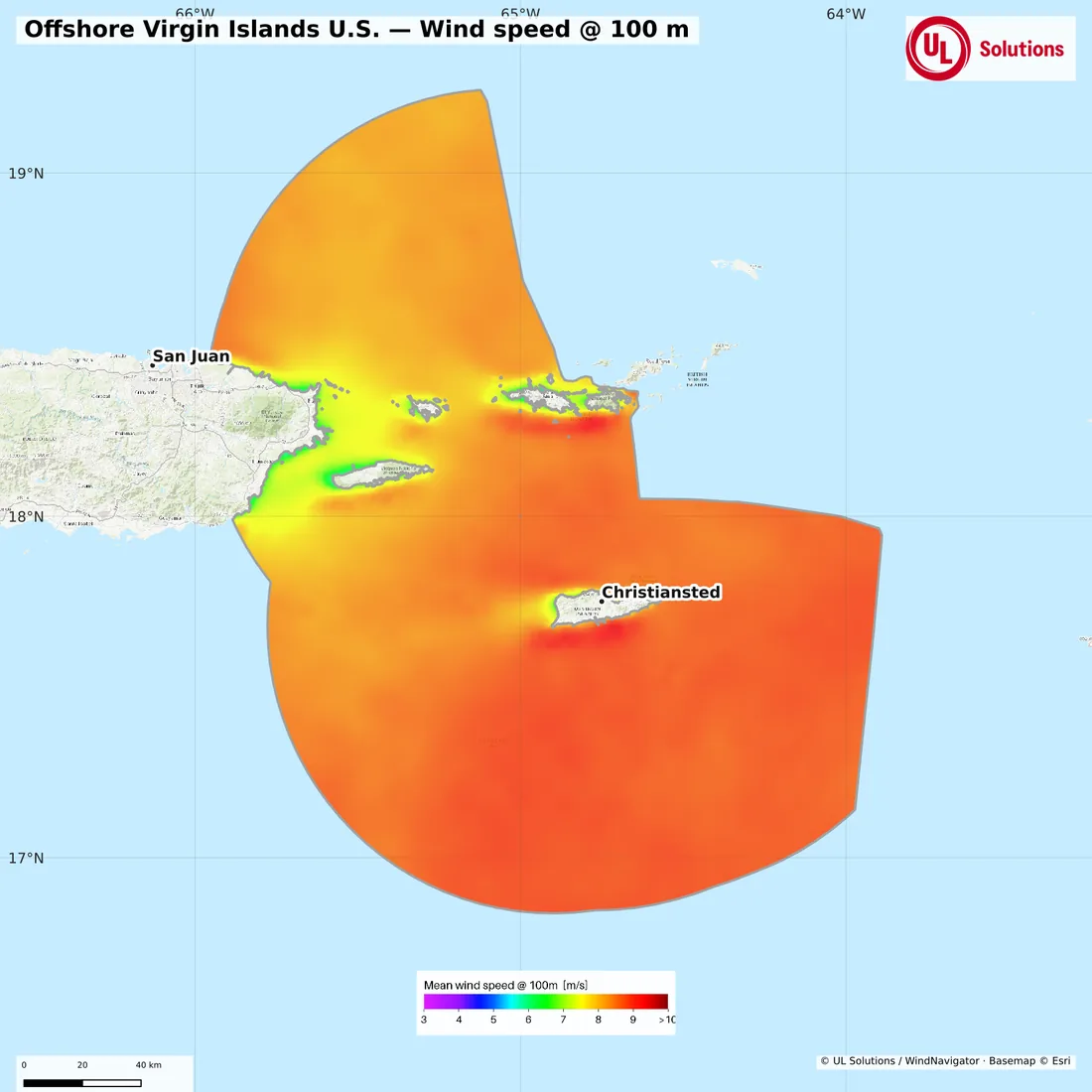 Wind speed map of Offshore Virgin Islands U.S. at 100m hub height