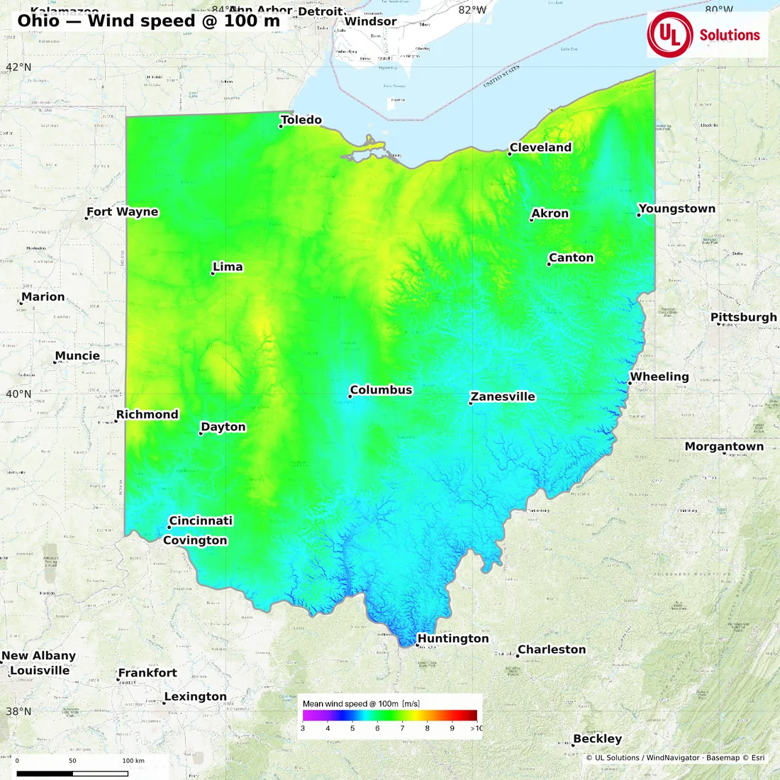 Wind speed map of Ohio at 100m hub height