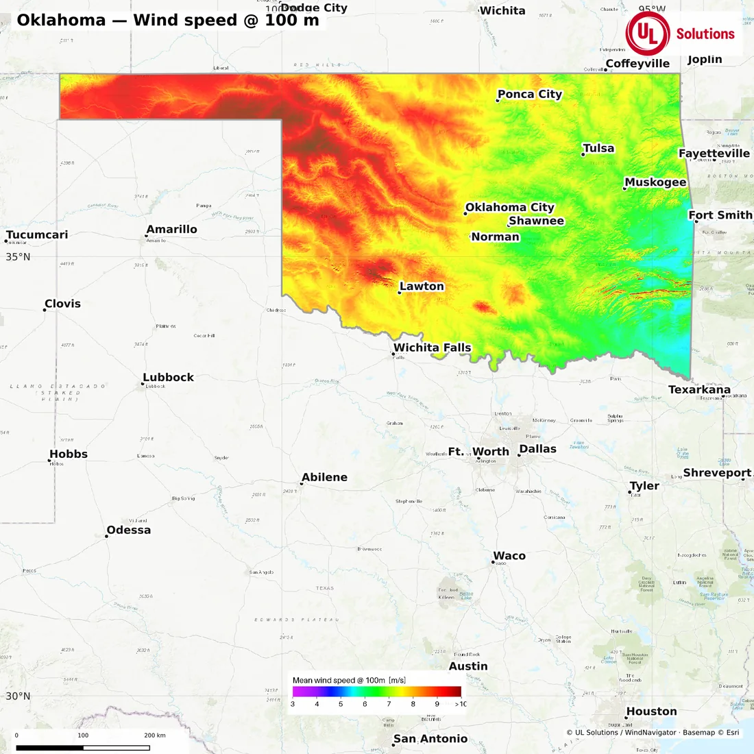 Wind speed map of Oklahoma at 100m hub height