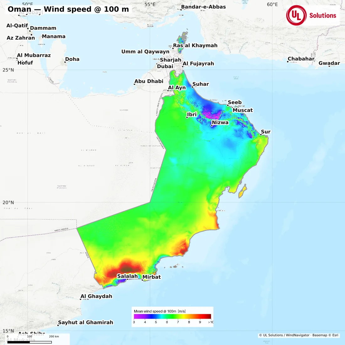 Wind speed map of Oman at 100m hub height