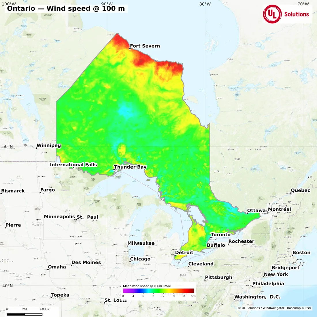 Wind speed map of Ontario at 100m hub height