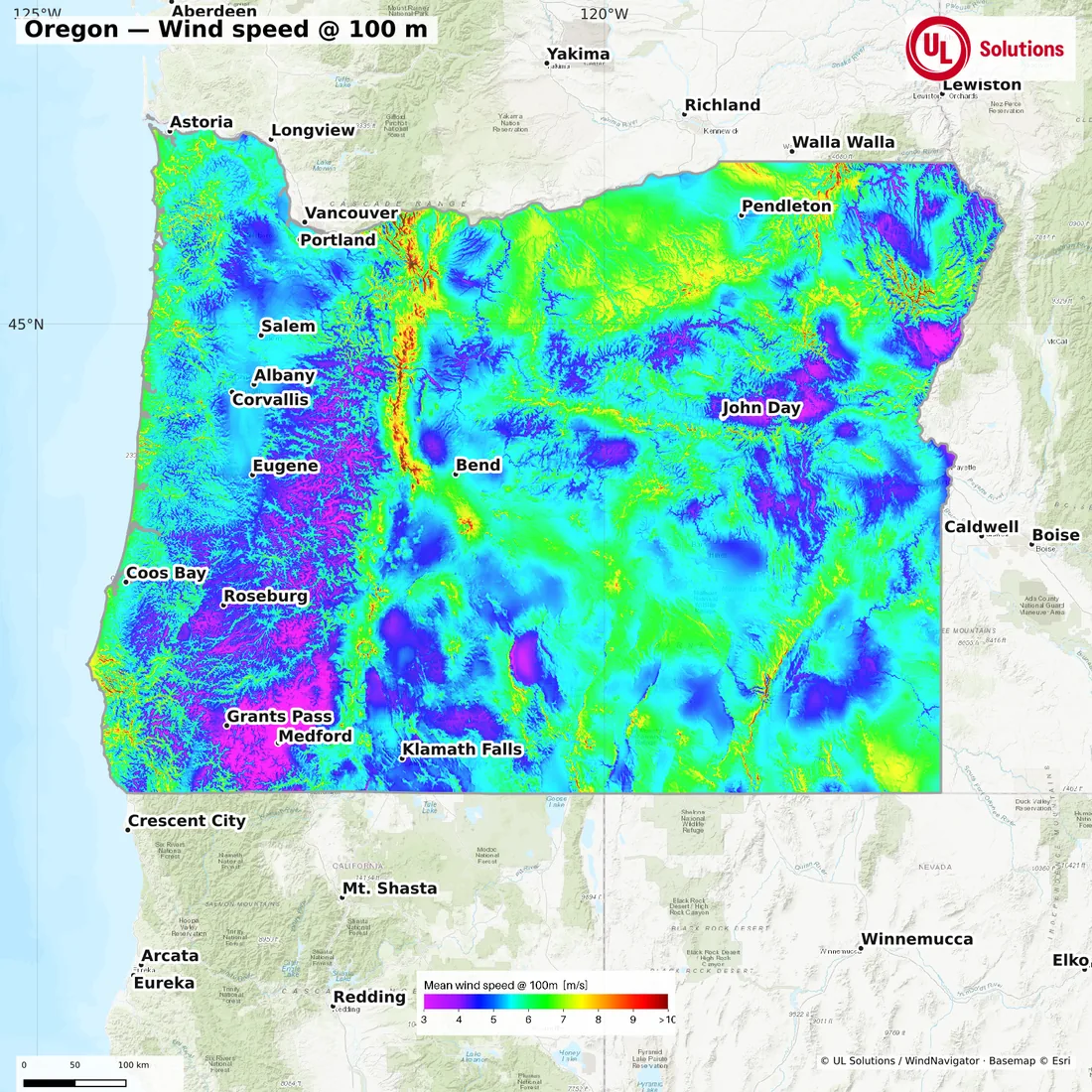 Wind speed map of Oregon at 100m hub height